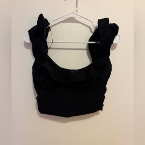 Zara Women Black Ruffle Scoop Neck Crop Tank Top